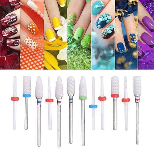 12pcs Ceramic Milling Cutter Drill Bit Electric Grinding Milling Cutter Files Ceramic Nail Drill Bit Bits Holder Set Cuticle Flame Rod for Nails D