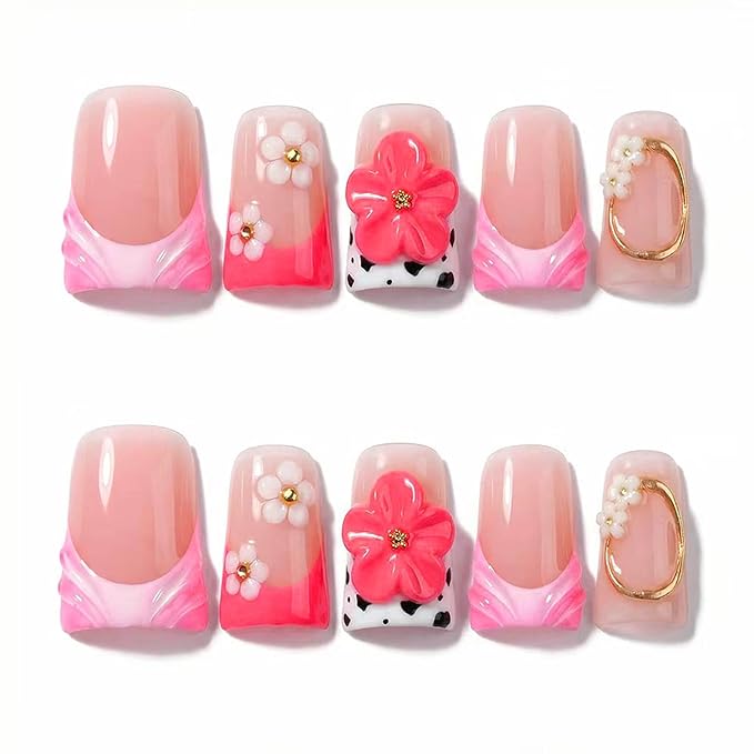 Short Duck Press on Nails Handmade Fake Nails Thick French Muti-Layer Gel 3D Flower Nails Press Ons with Designs Full Cover Luxury False Nails for Women Manicure 10Pcs (Size M)