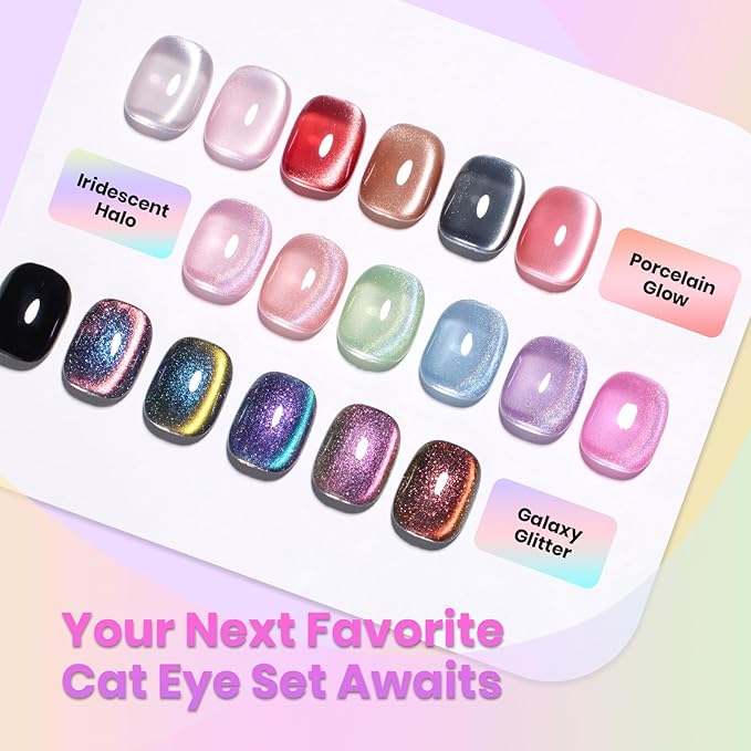 Beetles Cat Eye Gel Nail Polish Set - 6 Colors Summer Chameleon Cat Eye Green Silver Pink Blue Purple Green with Magnet Soak Off UV Fairy's Descent Collection Salon Nail Art Manicure Gift for Women