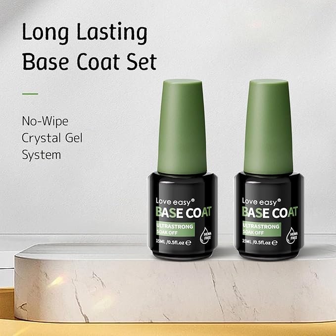 Base Coat Gel Polish Set for Nails, 2 Pack Clear Crystal Strengthen Apex Building Enhance Reinforce, Long Lasting 28+ Days, Safe Formula Protect Uneven Thin Damaged Weak Nail（U V Lamp Cured）