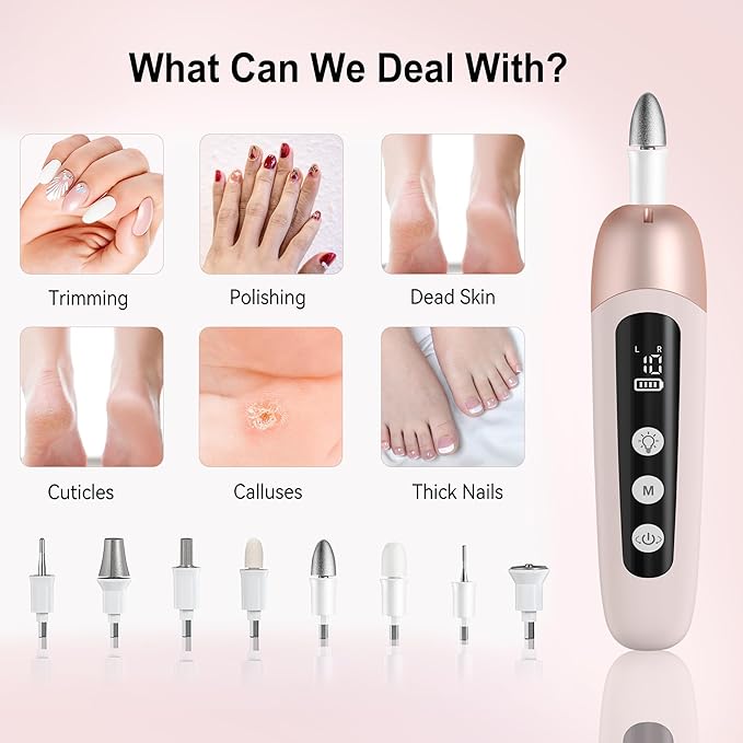 Electric Nail Drill Cordless Nail File Professional Manicure Pedicure Kit, 9 in 1 Hand Foot Rechargeable Care Tool, 10 Speeds Electric Nail File Grinder for Thick Toenail Trim Polish Pink