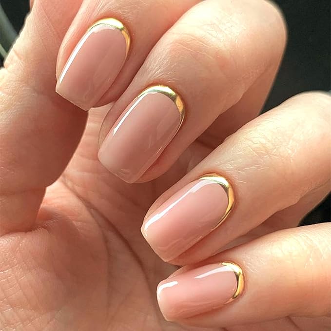 Modelones French Tip Press on Nails Short, Square Fake Nails, Reusable Nail Kit with Nail Glue Adhesive Tabs Mini Nail File, Nails Press Ons 32Pcs 16Sizes, Women Girl Gift, Golden Nude, Spring
