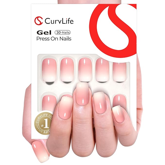 Curvlife Soft Gel Press on Nails Acrylic Fake Nails with Nude Ceramic Gradient Design Full Cover False Nails for Women Reusable Nail Kit
