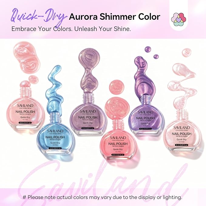 SAVILAND Pearl Nail Polish Set: Quick Dry 12-Free Aurora Nail Polish 6 Shimmer Purple Pink Blue Colors Fingernail Polish Set Summer Vegan Nail Toes Lacquer DIY Nail Art Home Use Christmas Gift Women