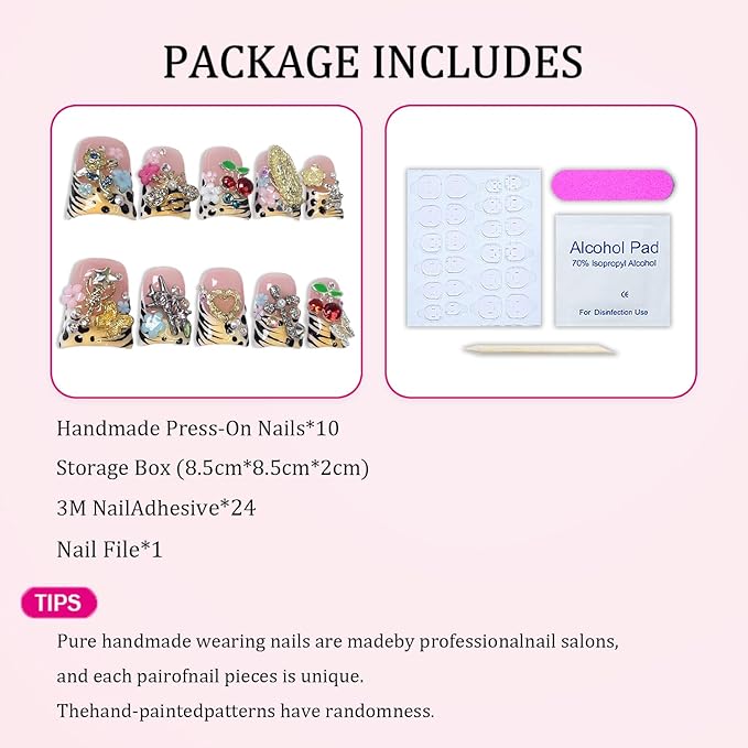 Handmade Press on Nails Leopard Print French Tip Stick on Nails Luxury 3D Rhinestone Flower Fake Nails Muti-Layer Gel False Nail with Cherry Designs Short Duck Acrylic Nail for Women（M）