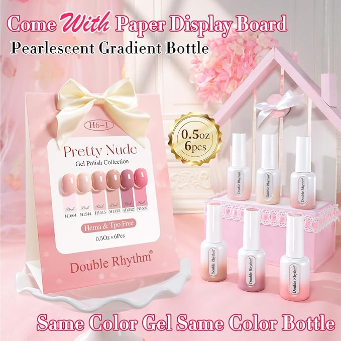 Double Rhythm 6 Pcs Hema Free Gel Polish Set 0.50 OZ Same Color Same Bottle Soak Off Neutral Natural Milky Gel Polish Kit Nail Art Manicure Salon DIY at Home (Nude Pink Beige-H6-1)