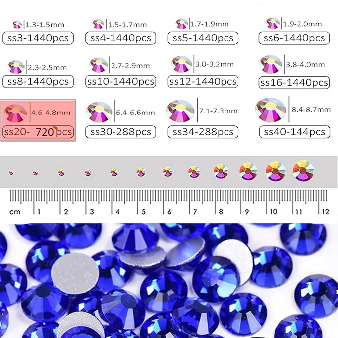 Dowarm 720pc SS20 Flatback Rhinestones, 4.8MM Crystal Rhinestones for Craft, Face Nail Art, Dance Costumes, Non Hotfix (SS20 / 4.8MM, Blue/Sapphire)