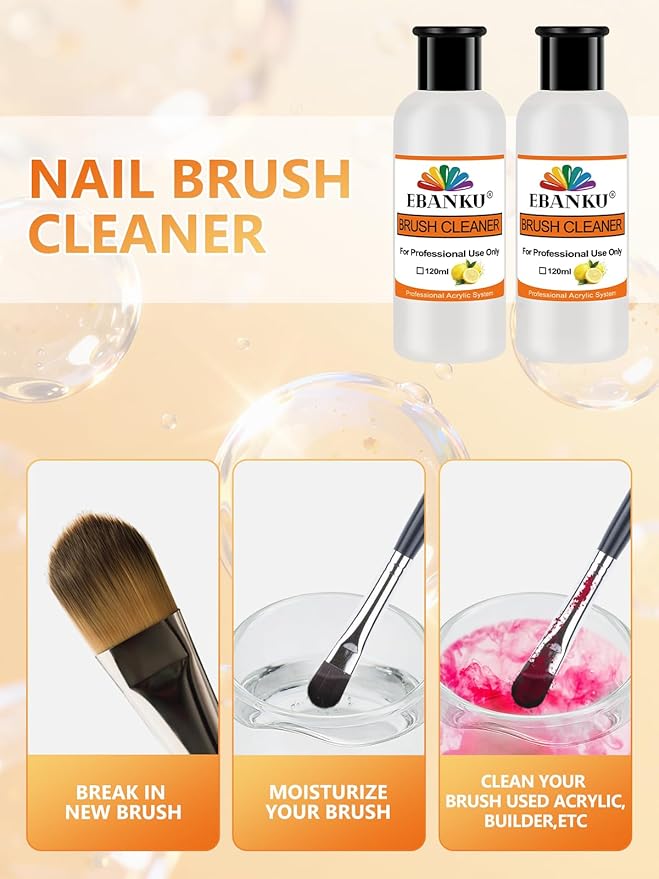 EBANKU Orange Scent 120ml Acrylic Nail Brush Cleaner, 3 in 1 Nail Art Brushes Conditioner Nail Brush Clean Solution Quickly Clean With Glass Cup and Scrub Brush for Solid Gel Polish