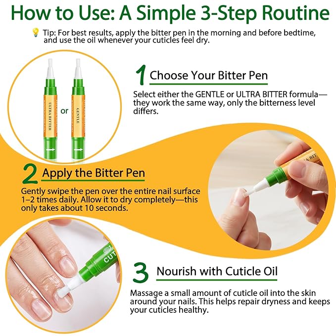 3 IN 1 Nail Biting Prevention Kit for Kids & Adults -3 Pack Includes Extra Strength+ Gentle Bitter Polish + Cuticle Oil. Fast Drying Formula Stops Nail Biting & Thumb Sucking