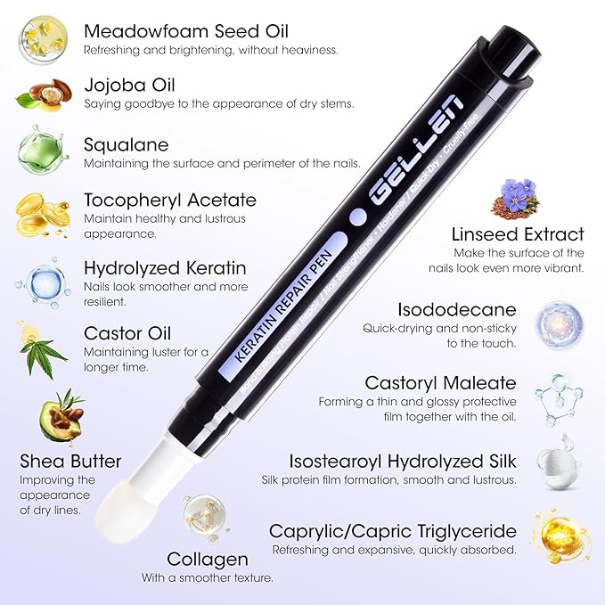 Gellen Nail Strengthener for Damaged Nails, 30s Fast Absorbing Triple Protein Nail Repair Complex, Keratin Nail Treatment Pen, Prevents Peeling & Ridges, Growth Hardener with Sponge Tip, Gift for Her