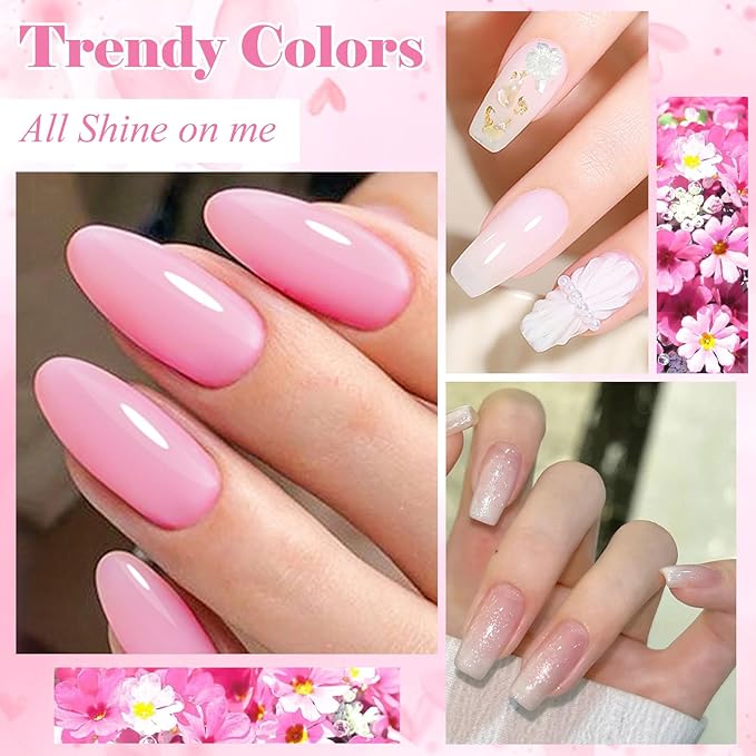 MEET ACROSS All-in-One Extension Mini Kit Non-Sticky Builder Gel Starter Kit WIth Base & Top Coat/Dual-Silicone Pen/Pro File/20-Pc Reusable Dual Forms Salon-Grade Extensions (Clear+White+Glitter+Pink)