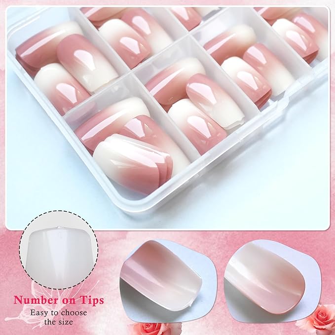 AddFavor 240pc Ombre Square Press on Nails Medium Fake Nails - Glue on Nails Square Acrylic Nails Press ons Nail Tips Medium Stick on Nails with Nail Glue and Adhesive Tabs for Women