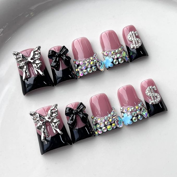 French Tip Press on Nails Handmade Short Duck 3D Flower Thick Acrylic Nails Black False Nails with Bow Rhinestones Butterfly Designs Cool Glossy Fake Nail Sturdy Art Press on Nail 10Pcs(S)