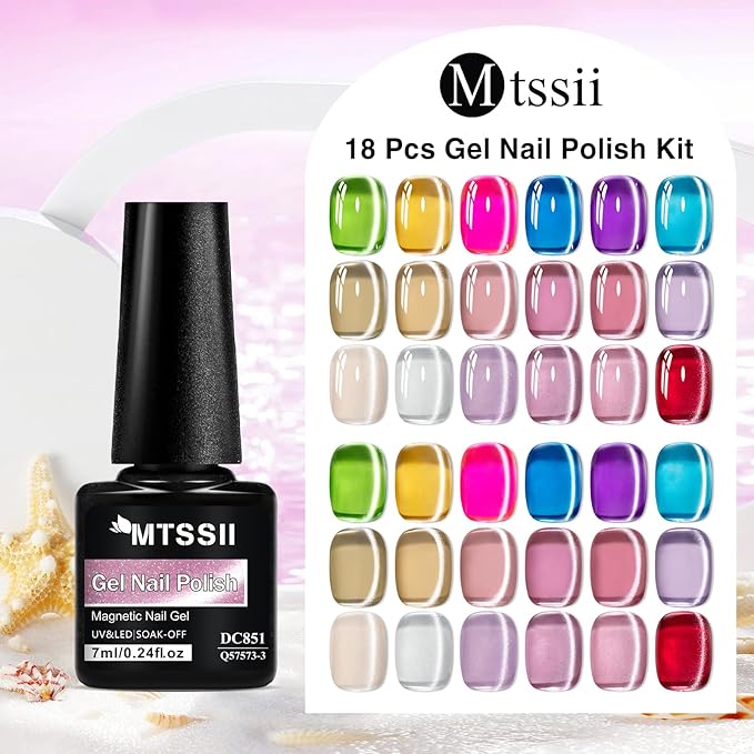 MTSSII Jelly Cat Eye Gel Nail Polish Set 18PCS, Neon Moonlight Glass Crystal Magnetic Gel Polish Pink Purple Red Blue Yellow Colors Nail Polish with Magnet Soak Off UV Art Gift for Women Girls