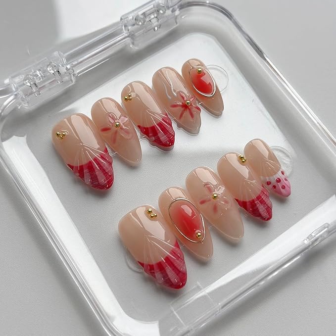Luxury Press on Nails Medium Almond Handmade 3D Unique Reusable ABS Material Fake Nails Pink French Tip False Nails with Designs Pink Floral Polka Dots Glossy Glue on Nail Thick Acrylic Nail(S)