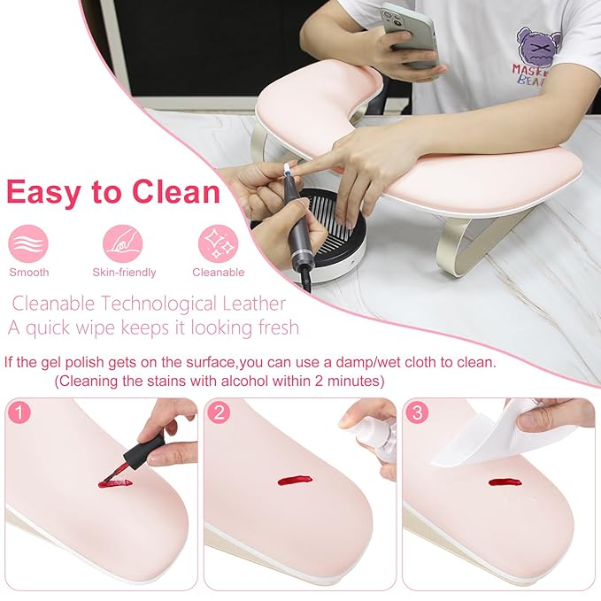 Manicure Arm Rest for Nails Tech, Cleanable Leather Nail Arm Rest Stand, U Shaped Hand Rest Pillow for Acrylic Nail Salon Home Use, Aluminum Alloy Bracket(Pink）