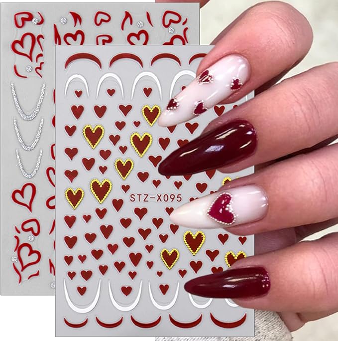 6 Sheets Valentines Nail Art Stickers Sparkling Heart Nail Decals 3D Self-Adhesive Red Heart English Letter Nail Designs French Lines Nails Stickers for Women Romantic Valentine's Holiday Nails Decor