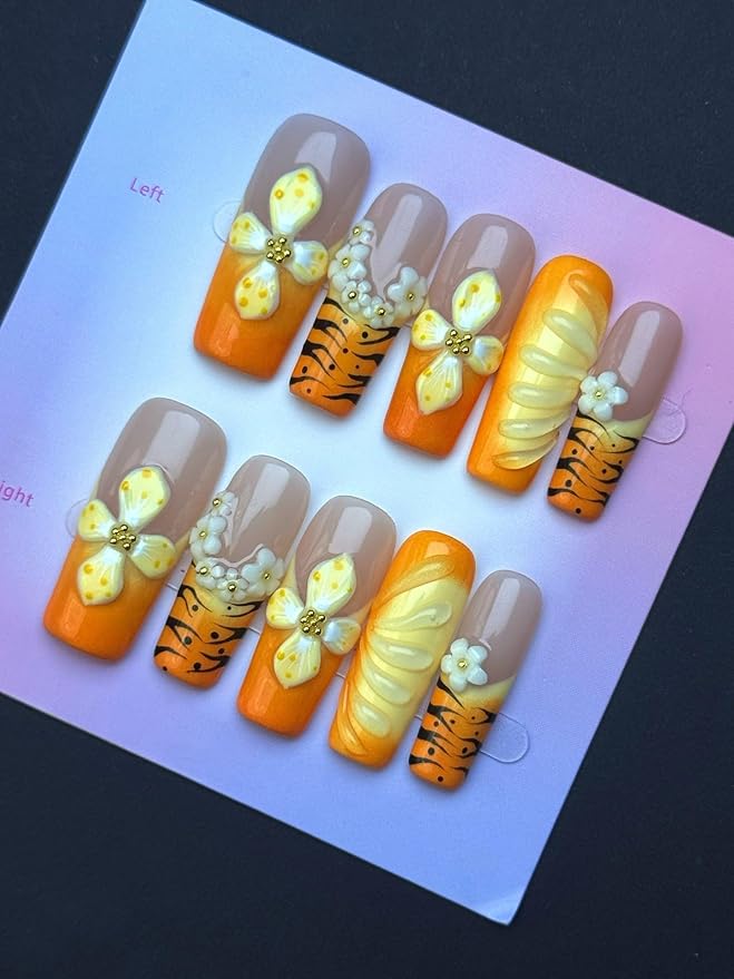 100% 5D Handmade Press on Nails Ombre Yellow Long Square Nails Press ons Leopard Orange French Tips False Nails Embossed Flower Waterdrop Press on Nails for Women Girls Daily Wear DIY Manicure Size M