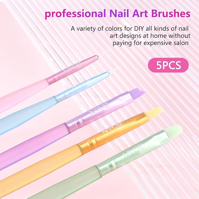 BQAN Nail Art Brushes Set，5pcs Nail Brushes for Nail Art with Flat, Round, French Gel Brushes & 2 Liner Brushes，Nails Design Tools for Home DIY or Professional Salon Use