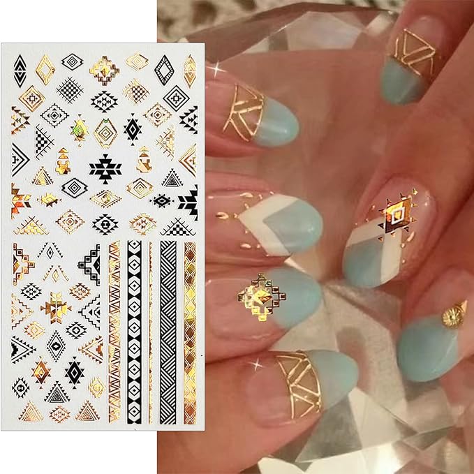 8 Sheets Geometric Nail Art Stickers, Black Gold Geometry Triangular Rhombus Minimalist 3D Design Self-Adhesive Nail Art Decals, DIY Manicure Decoration Supplies Accessories for Women Girls