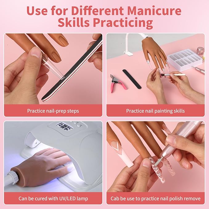 Silicone Practice Hand for Acrylic Nails: Soft Touch Liquid Silicone - Flexible Realistic Nail Mannequin Hand Practice for Training (BROWN)