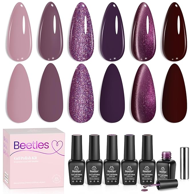 Beetles Purple Gel Nail Polish Set - 6 Colors Muse Of Midnight Deep Dark Light Purple Glitter Cat Eye Spring UV Led Needed Soak Off DIY Salon Home Nail Art Easter Gifts for Women
