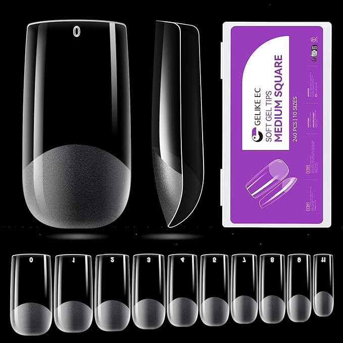 Gelike EC Soft Gel Nail Tips Kit for Soak Off Nail Extensions,Full Cover,Square Shaped,Pre-Buff PMMA Resin,Clear Ultra-Thin Design,10 Sizes,240 Pieces,Medium Square