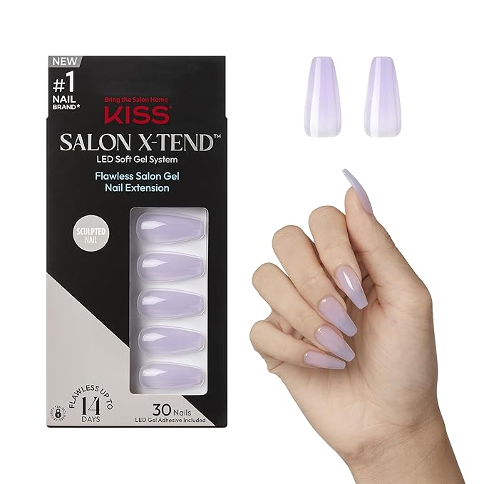 KISS Salon X-tend, Press-On Nails, Nail glue included, 'Gimme', Light Purple, Long Size, Coffin Shape, Includes 30 Nails, 5Ml Led Soft Gel Adhesive, 1 Manicure Stick, 1 New Mini File, New Prep Pad