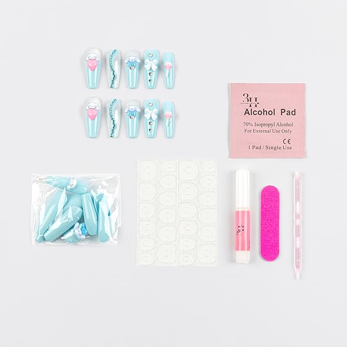 First-Ever 3D Cinnamoroll Coffin Press-On Nails | Luxury Handmade Sanrio Kawaii False Nails with Charms, Gems & 3D Clouds | Full Kit 24pcs for All Ages + Glue & Tabs