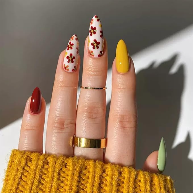 24 Pcs Press on Nails Almond Short Fake Nails Multiple Color Glossy Full Cover with Floral Designs Glue on Nails Reusable Acrylic Nails Removable Stick on Nails for Women Girls