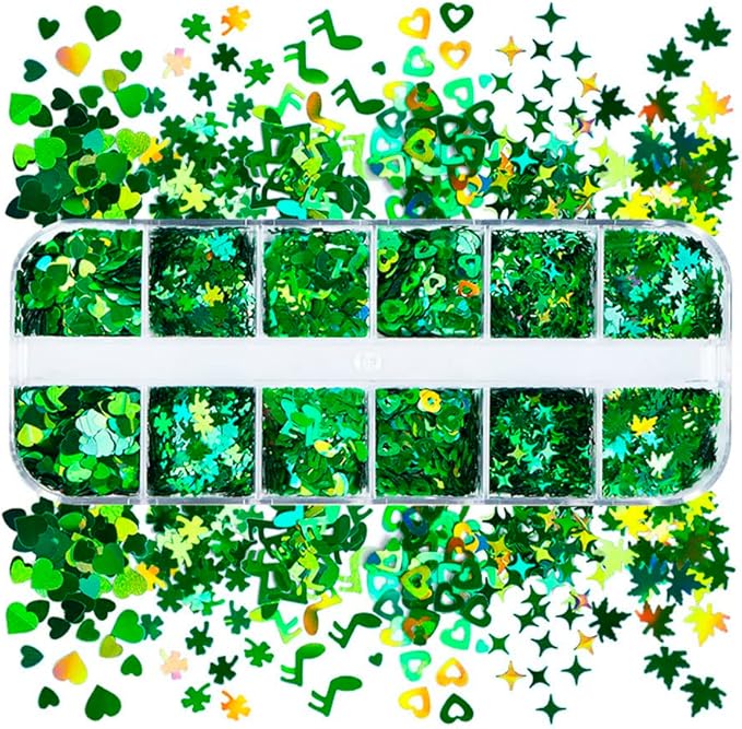 Nail Art Glitter Green Sequins 3D Holographic Laser Hearts Stars Leaves Clovers Nail Acrylic Stickers Spring Shiny Flakes Nail Supplies for St. Patrick's Day Decor 12 Grids