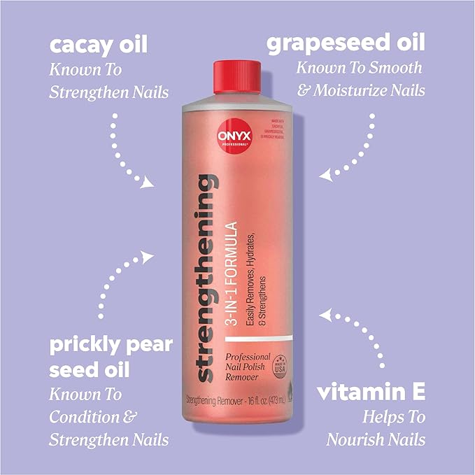 Onyx Professional 3-in-1 Strengthening Nail Polish Remover with 7 inch Nail File, 16 fl oz - Removes Nail Polish, Hydrates, Strengthens Nails | Infused with Grapeseed Oil, Cacay Oil, Cactus Seed Oil