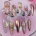 Star Moon Press on Nails Long Stiletto Fake Nails Pure Handcrafted Nail Mirror Effect Glue on Nails Glitter False Nail with Design Rhinestone Stick on Nail for Women Girls Luxury Manicure (S)