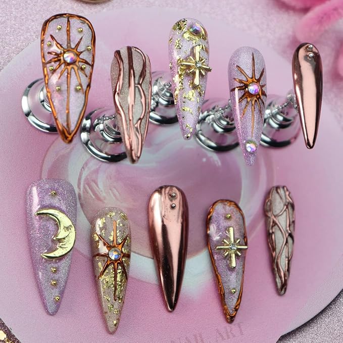 Star Moon Press on Nails Long Stiletto Fake Nails Pure Handcrafted Nail Mirror Effect Glue on Nails Glitter False Nail with Design Rhinestone Stick on Nail for Women Girls Luxury Manicure (S)