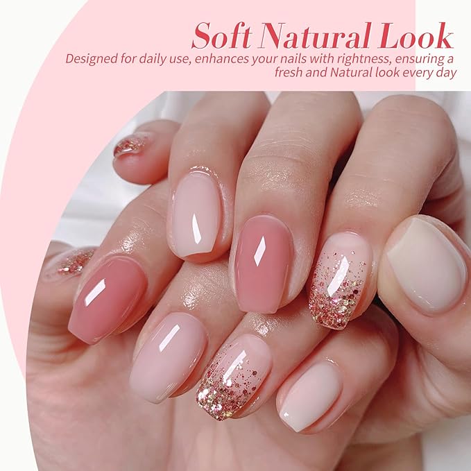Born Pretty Milky White Jelly Nude Pink Gel Nail Polish Set,Valentine's Day Nude Pink Sheer Translucent Gel Polish Milky Natural Gel Polish Set Nail Art Manicure DIY Kit Home Salon 6PCS 7ML