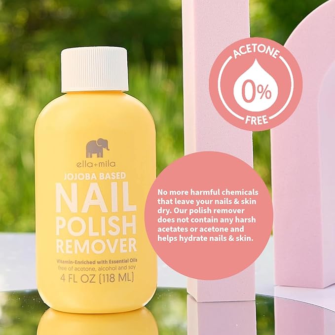 ella+mila Jojoba Nail Polish Remover - Non-Acetone, Non-Toxic Fingernail Polish Remover for Natural Nails - Vegan, Gentle Formula with Jojoba Oil & Vitamins A, C, E (4 fl oz)