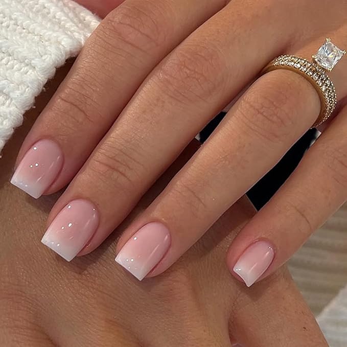 Press on Nails Short Square Fake Nails Ombre False Nails Press ons Glossy Nude Pink Glue on Nails Full Cover Stick on Nail for Women Nail Decoration 24Pcs