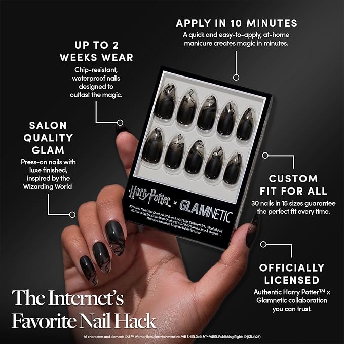 Glamnetic Press On Nails x Harry Potter™ - Dementor™ | Medium Almond Fake Nails with Smoky Black Gradient Tips, Salon Quality, Officially Licensed | 15 Sizes - 30 Nail Kit with Glue
