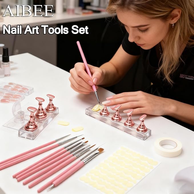 AIBEE Nail Art Tools Set, 15Pcs Nail Art Brushes 2Pcs Nail Stand for Press On 5Pcs Dual Tipped Nail Dotting Tool and Sculpture Pen with Tape Nail Holder for Painting DIY Press On Nails