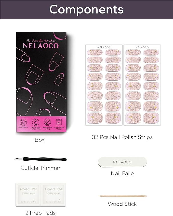 Nail Polish Strips – 32PCS UV Free Salon Quality Wraps, Long Lasting Gel Nail Stickers for Women (Golden Moonlight Notes)