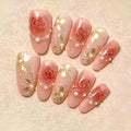 30Pcs Valentines Press on Nails Medium Almond Fake Nails Gold Flower Nails Press Ons with Pearl Design Rose False Nails Glossy Glue on Nail Nude Pink Stick on Nail for Women Decoration Set