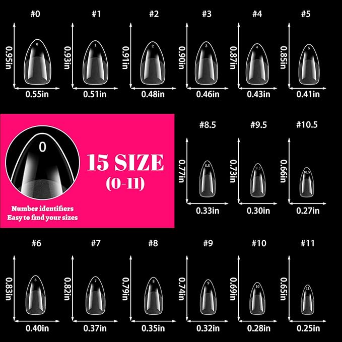 LoveOurHome 600pc Medium Almond Nail Tips Clear Fake Nails Medium Almond Gel Nail Tips Full Cover Acrylic Nails Clear Press on Nails XS Stiletto False Nail 15 Sizes Fingernail for Gel Nail Extension
