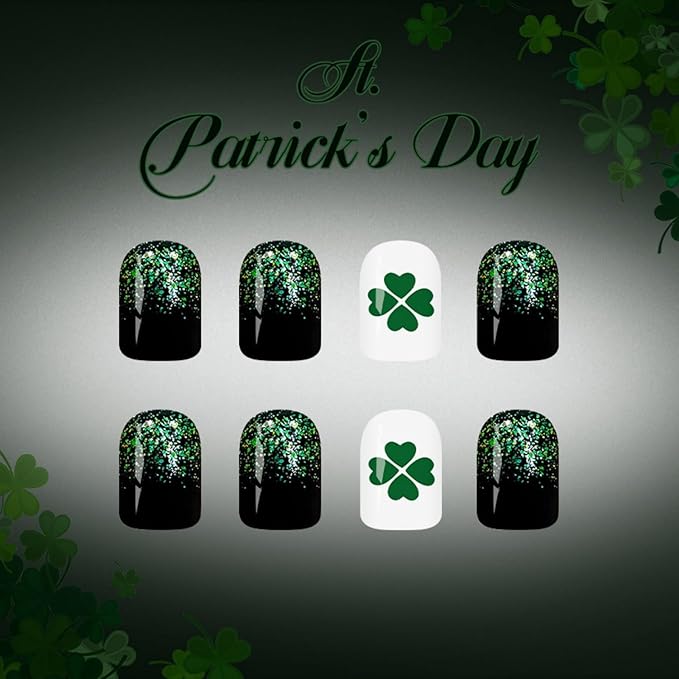 St. Patrick's Day Press on Nails Medium Almond Fake Nail with Winter Green Four-Leaf Clover Designs False Nails Press Ons Stick on Nails Gift for Women 24pcs