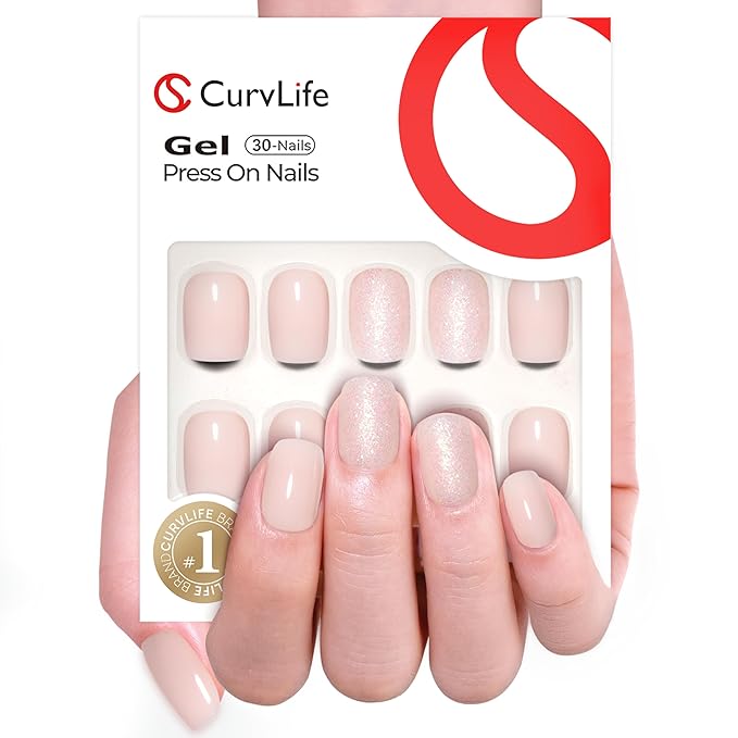 Curvlife Press on Nails Acrylic Fake Nails with Flash white Short Square Design Full Cover False Nails for Women Reusable Nail Kit
