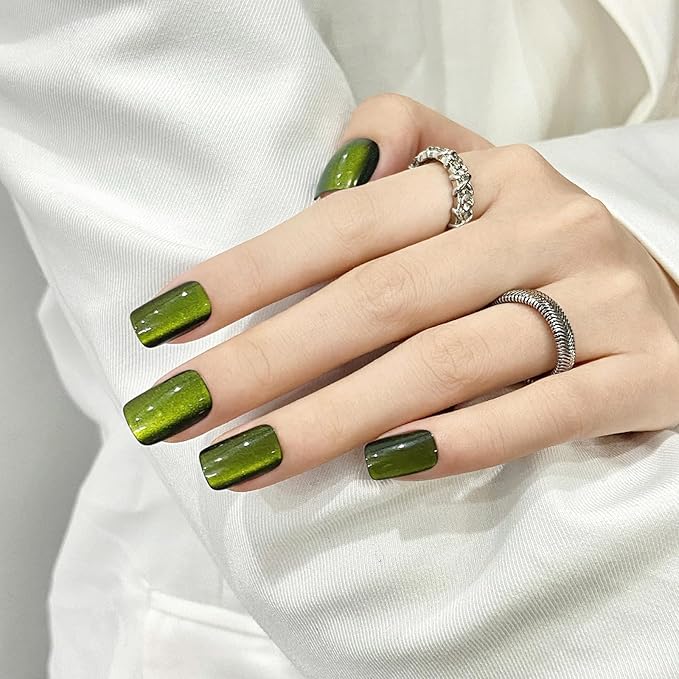Green Cat Eyes Press On Nails,12 Sizes - 24 Pcs Soft Gel Green Medium Square Fake Nails Kit with Nail Glue, Natural Reusable Stick On False Nails for Women and Girls (Skycloud Nails) SK0925