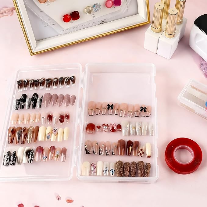 BQAN Press on Nails Storage Box，Clear Press on Nails Packaging Set with 2pcs Double-sided Adhesive Tape and Small Nail Tool Container, Nail Organizer & Display Storage Box