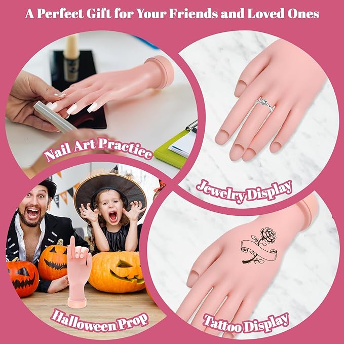 Practice Hand for Acrylic Nails Flexible Bending Nail Practice Hand Training Fake Hand Nail Hand Practice Tools with 100PCS Nail Tips, 120PCS Jelly Double Sided Nail Adhesives and 9PCS Brush