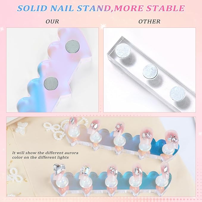 ANGNYA 2 Set Heart-shaped Nail Holder for Press On, Aurora Nail Stand with Reusable Adhesive Putty Clay Strong Magnetic Display Art Stand