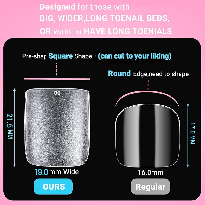 300Pcs Square Toe Nail Tips with Glue,SINOKAME 15 Sizes Wider Long Fake Toenails Matte No File Needed,Clear Press on Toenails Full Cover,Paintable Toe Extension Tips Soak off Home DIY