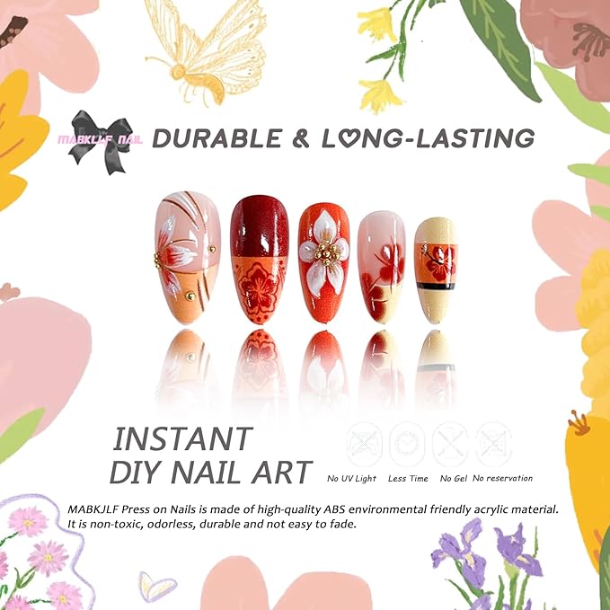 Medium Press on Nails Almond MABKJLF Fake Nails French Tip False Nails with Hibiscus Flower Beads Designs Colorful Glossy Glue on Nail Acrylic Nails for Women Girls 24Pcs